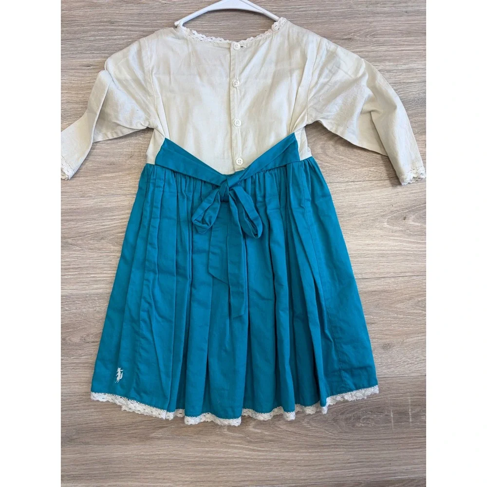 Well Dressed Wolf Girls Teal Cream Lace Pintuck Cotton Dress Size 5 Long Sleeve